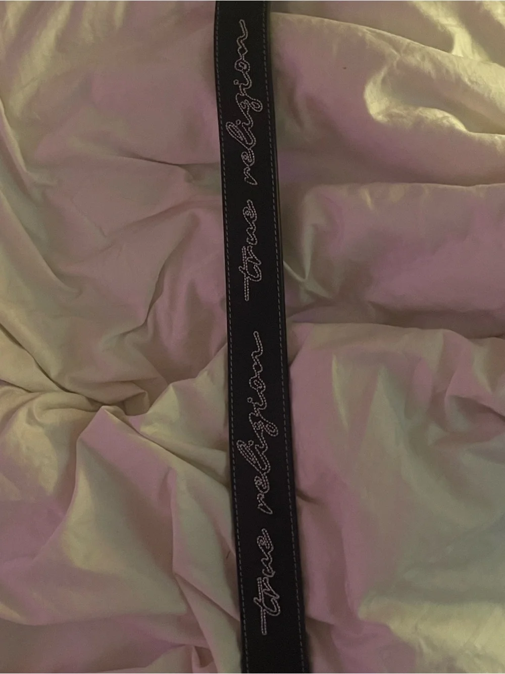 True Religion Black Western Belt with Embroidered Script and Silver Buckle
